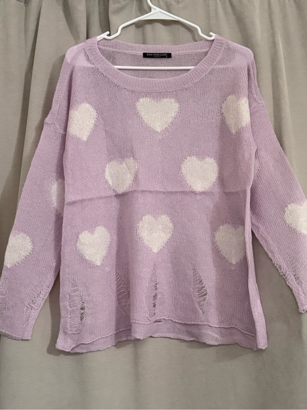 Rock & Rose Classic Distressed Heart Knit Pullover Sweater - Lavender / Small
